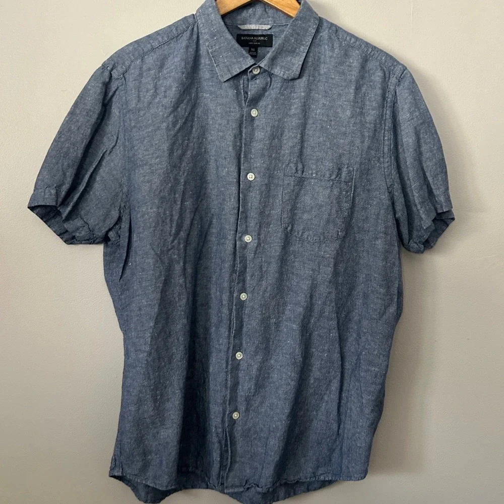 Banana Republic Shirt Mens XL Blue Linen Blend Slim Fit Button Down Chambray